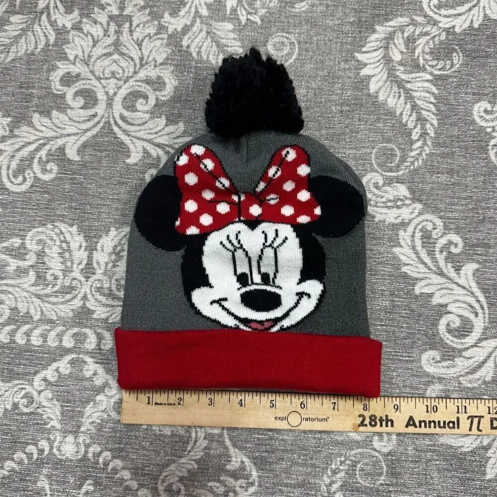 Disney Minnie Mouse Girls Pom Pom Knit Beanie Hat Gray One Size